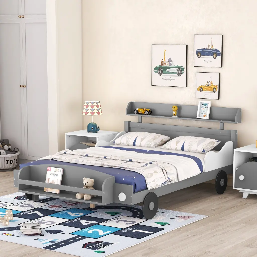 Full Car Influenced Platform Bed Storage Shelf Bedroom homey life