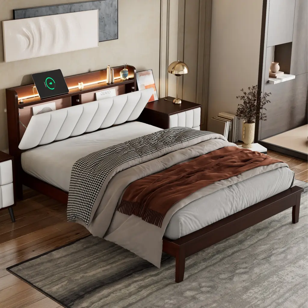 Full Dimensions Platform Bed USB Charging Station And Storage Upholstered homey life