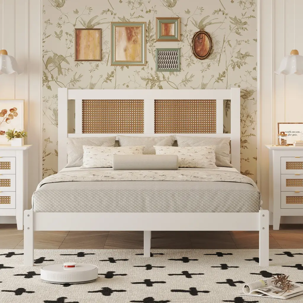 Full Dimensions Wooden Platform Bed Natural Rattan Headboard - Exquisite Design homey life