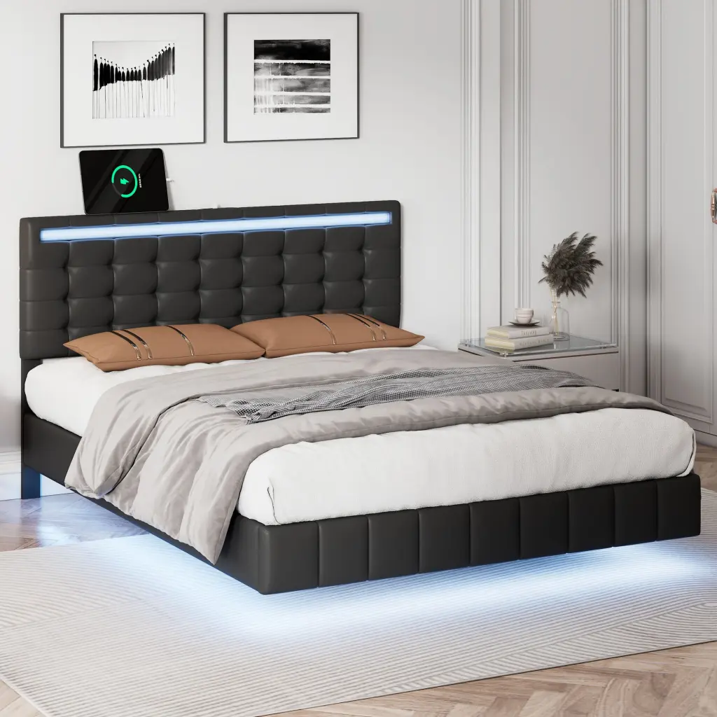 Full Size Floating Bed Frame LED Lights and USB Charging homey life