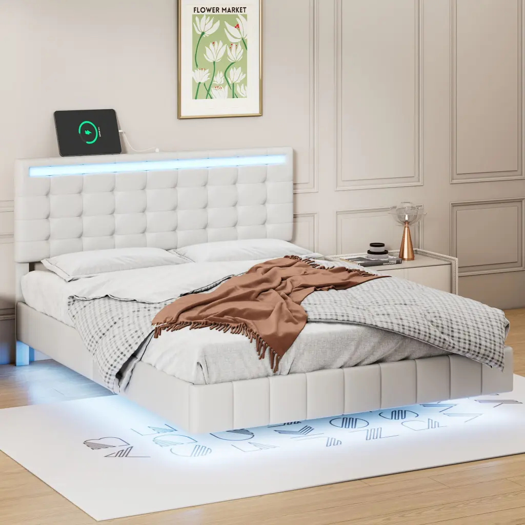 Full Size Floating Bed Frame LED Lights and USB Charging Modern homey life