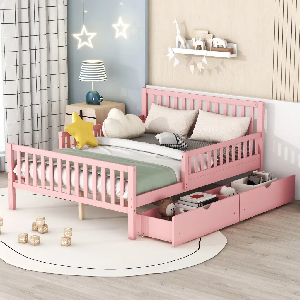 Full Size Wood Platform Bed Guardrails And Two Storage Drawers homey life