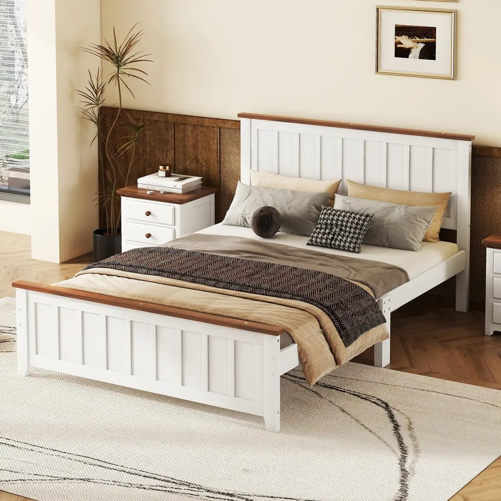 Full Size Wood Platform Bed Wooden Slats Vintage Effortless Bed Frame homey life