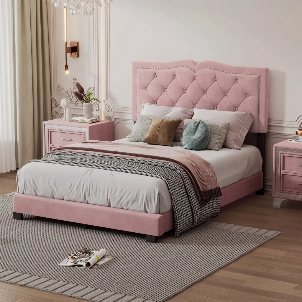Full Upholstered Bed Frame Rivet Design Velvet Platform homey life
