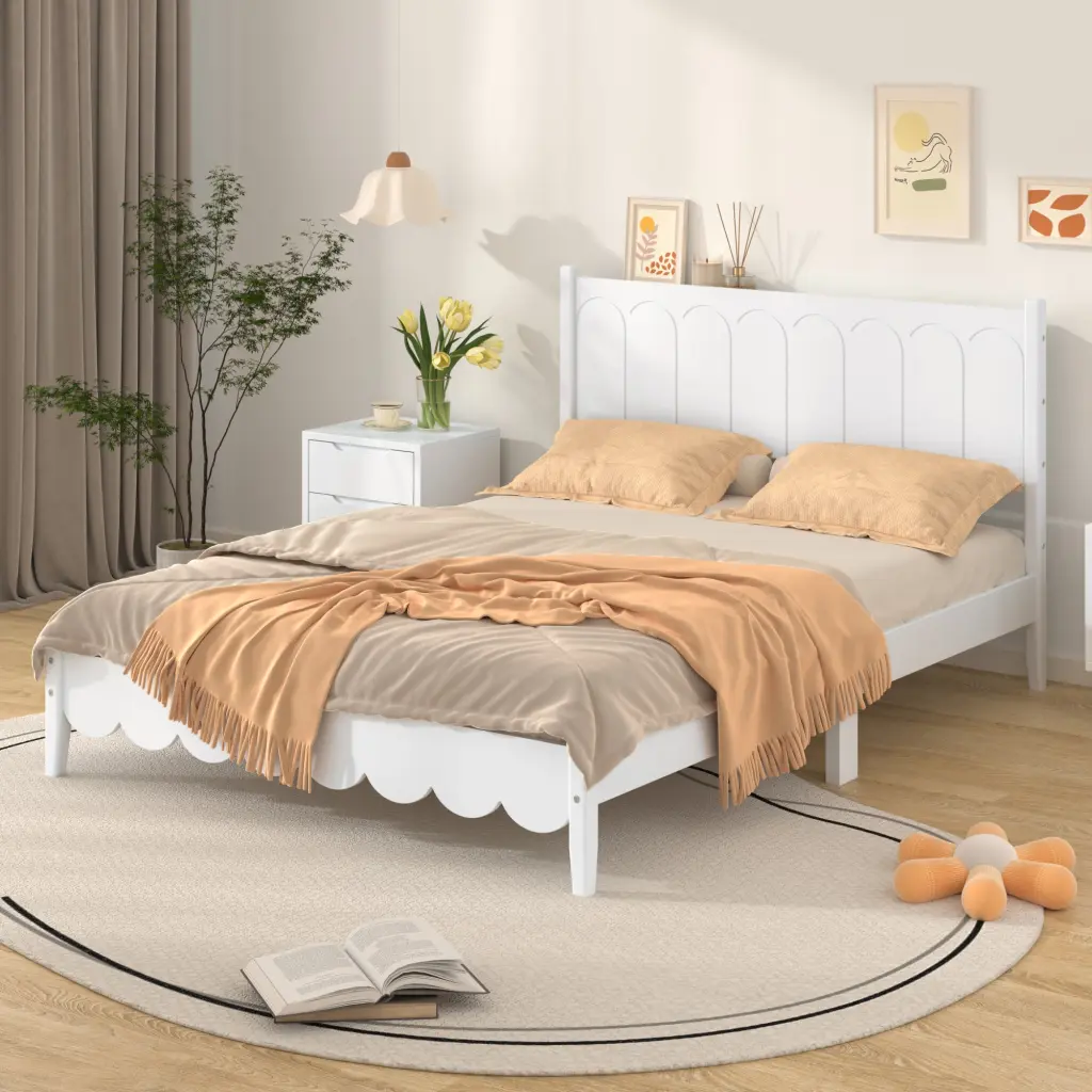 Full Wood Platform Bed Frame Retro Style Rectangular Headboard homey life
