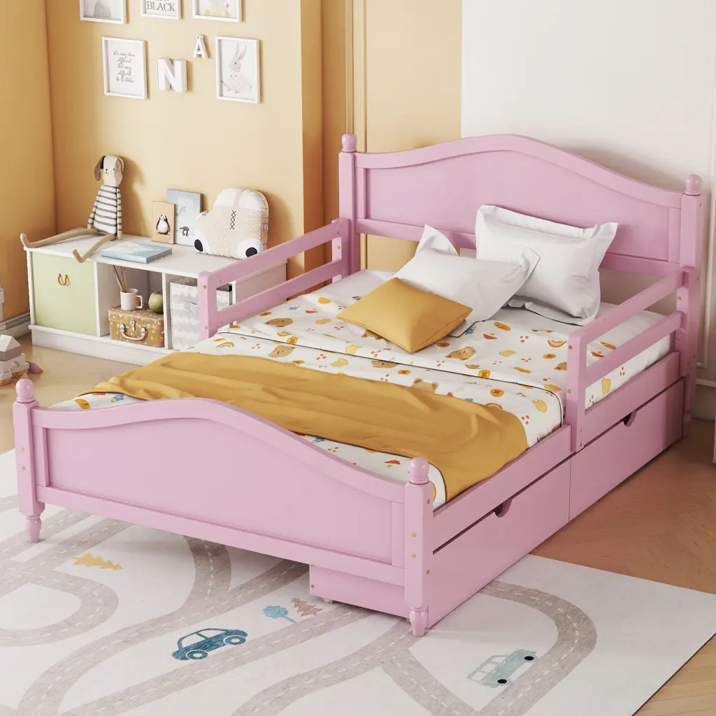 Full Wood Platform Bed Guardrails and Two Storage Drawers homey life