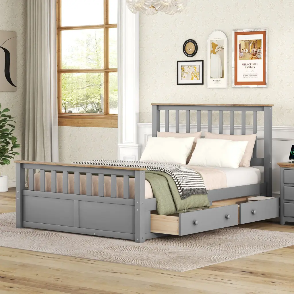 Full Wood Platform Bed Two Drawers Wooden Slat Support Storage Bed homey life