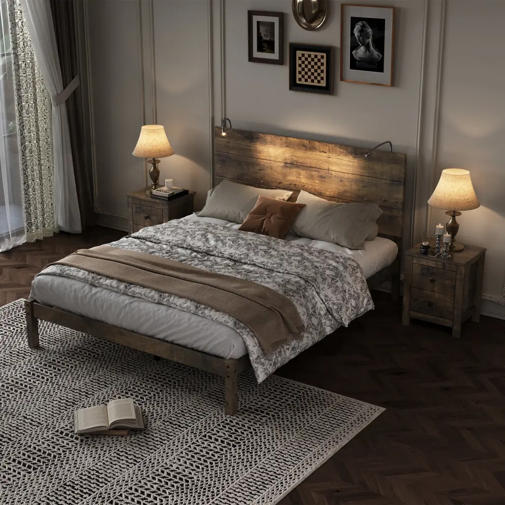 3 Piece Queen Size Farmhouse Platform Bedroom Set Two Nightstands homey life