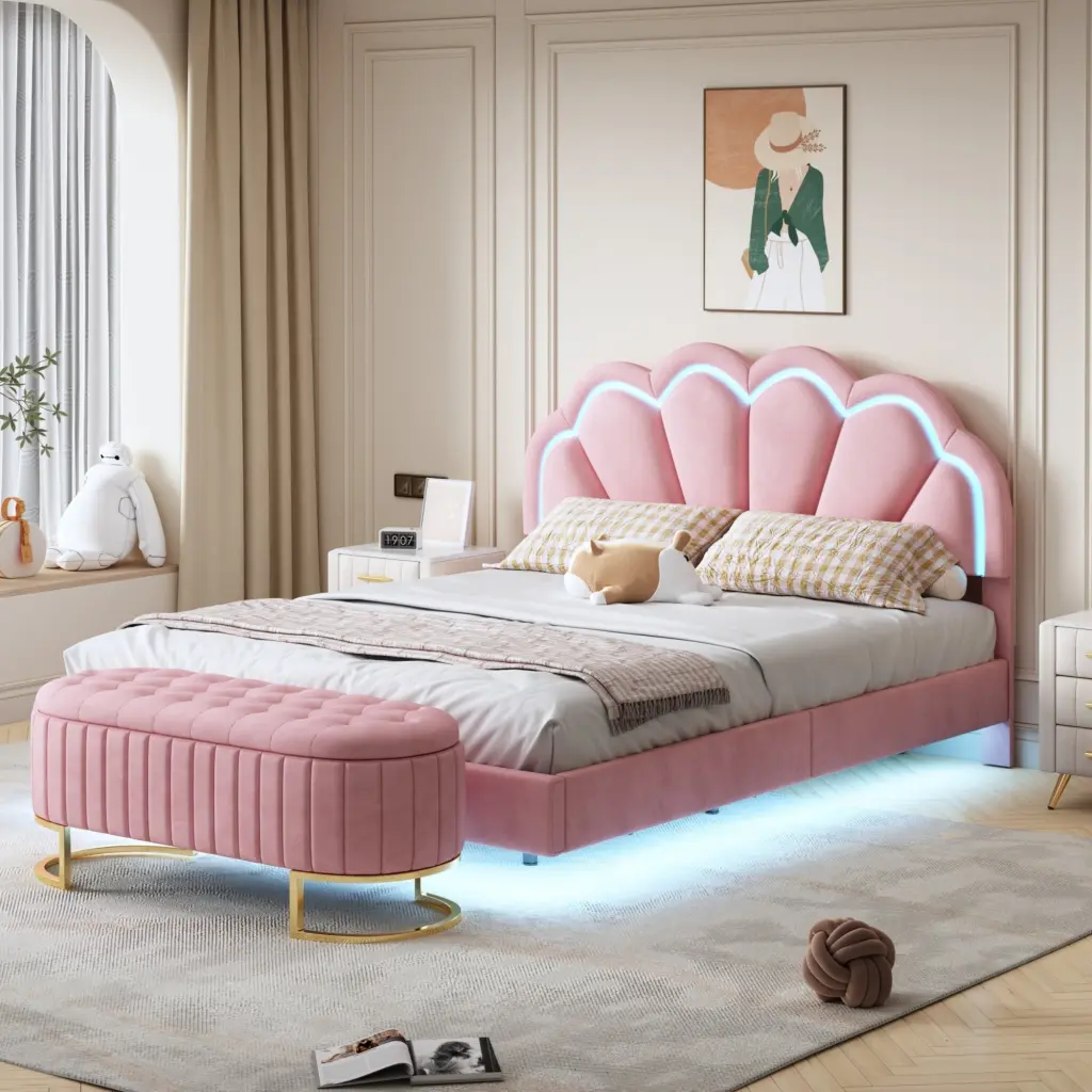 2 Piece Queen Size Upholstered LED Platform Bed Storage homey life