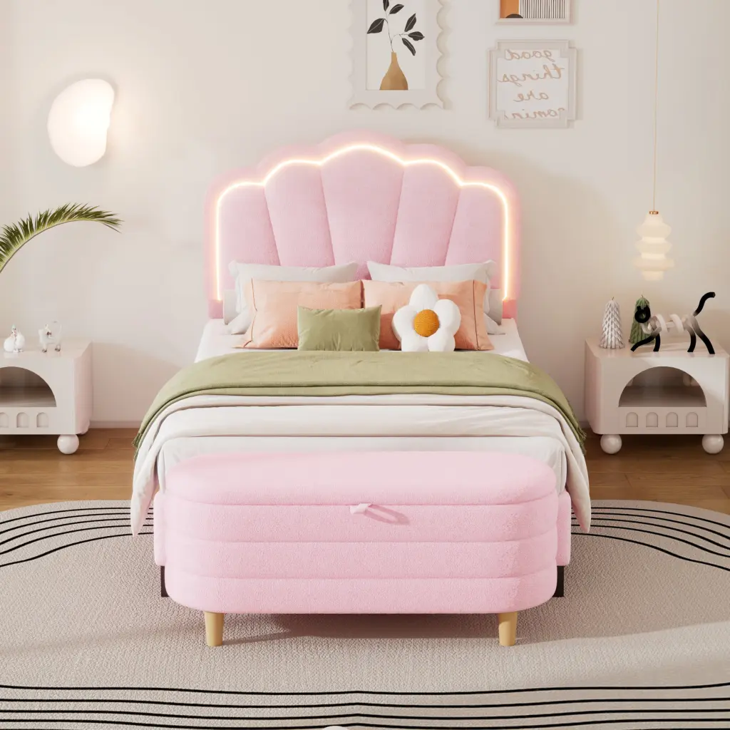 2 Piece Twin Size Flower Upholstered LED Platform Bedroom Set Storage homey life
