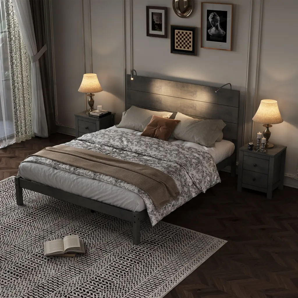 3 Pieces Full Size Farmhouse Platform Bedroom Set Two Bedside Tables homey life