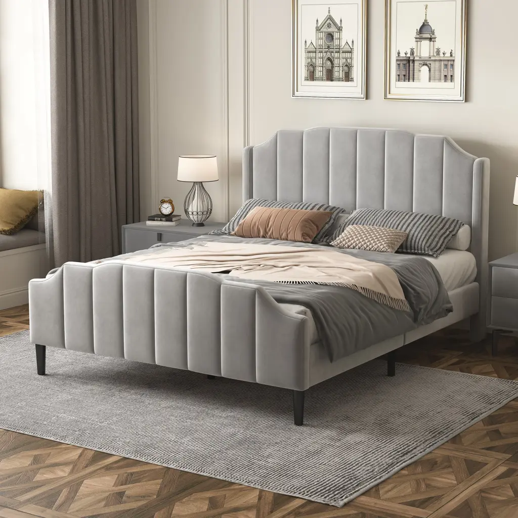 Queen Dimensions Upholstered Platform Bed Headboard and Footboard No Box Spring homey life