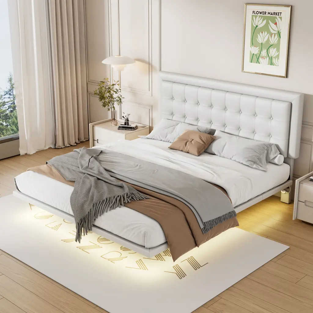 Queen Floating Bed Frame Motion Activated Night Lights Modern Bed Design homey life