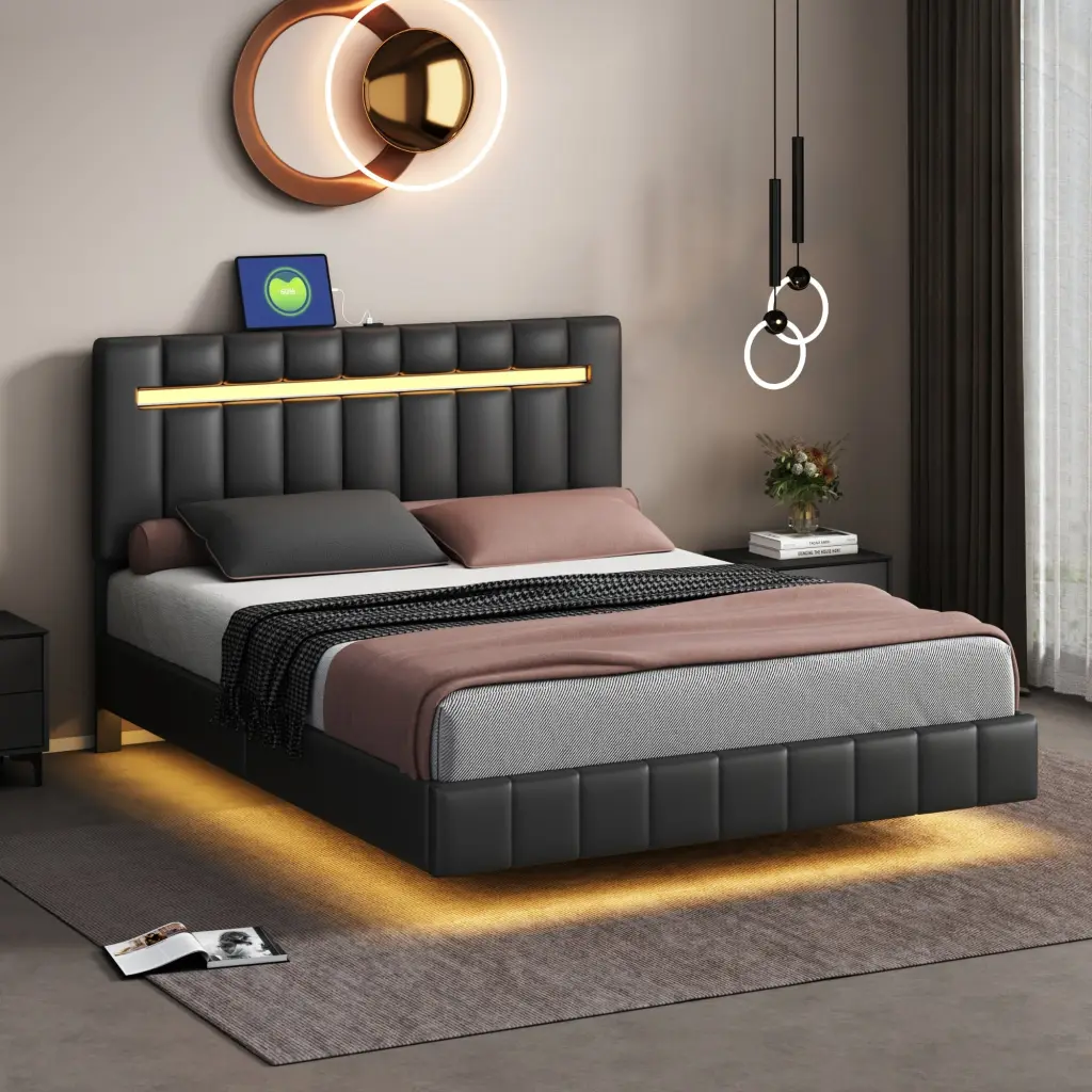 Queen Size Floating Bed Frame LED Lights and USB Charging Ports homey life