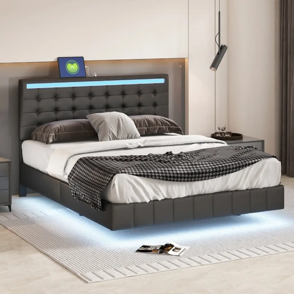 Queen Size Floating Bed Frame LED Lights And USB Charging Modern homey life
