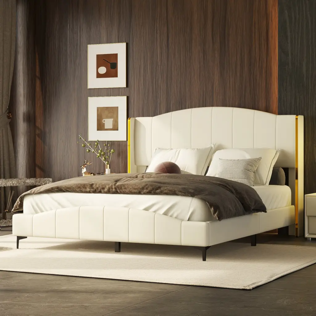 Queen Size PU Hide Upholstered Platform Bed Wingback Headboard homey life