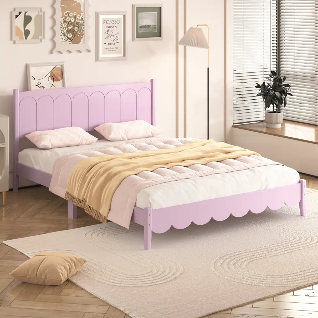Queen Size Timber Platform Bed Frame Retro Style Rectangular Headboard homey life