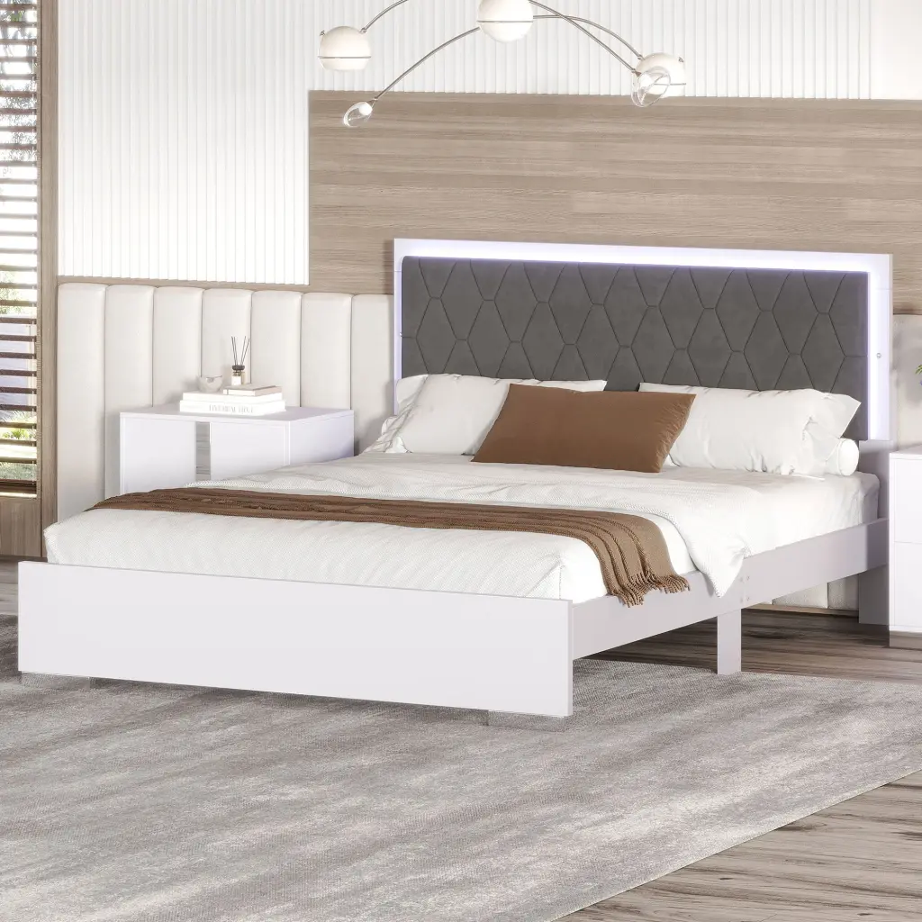 Queen Size Upholstered Bed LED Lights Modern Platform Bed homey life