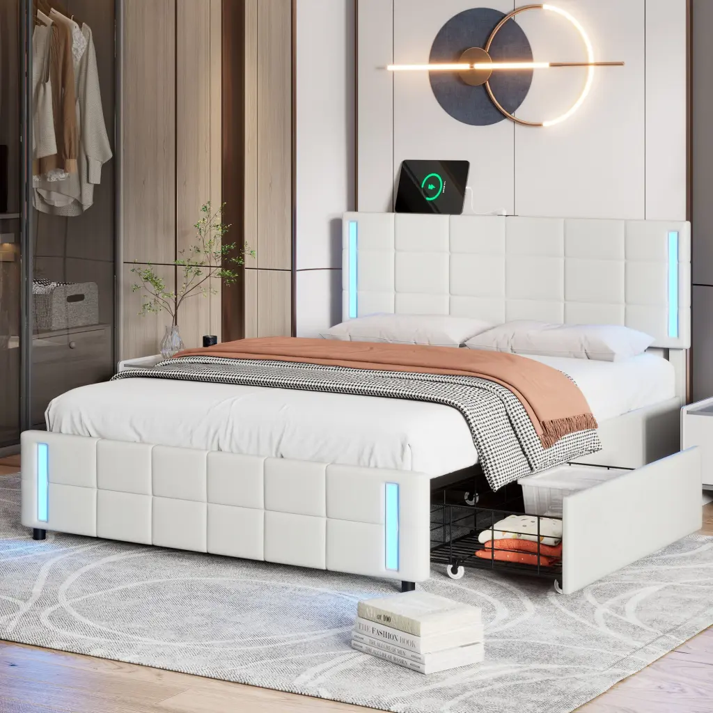 Queen Size Upholstered Platform Bed LED Lights and USB Charging homey life