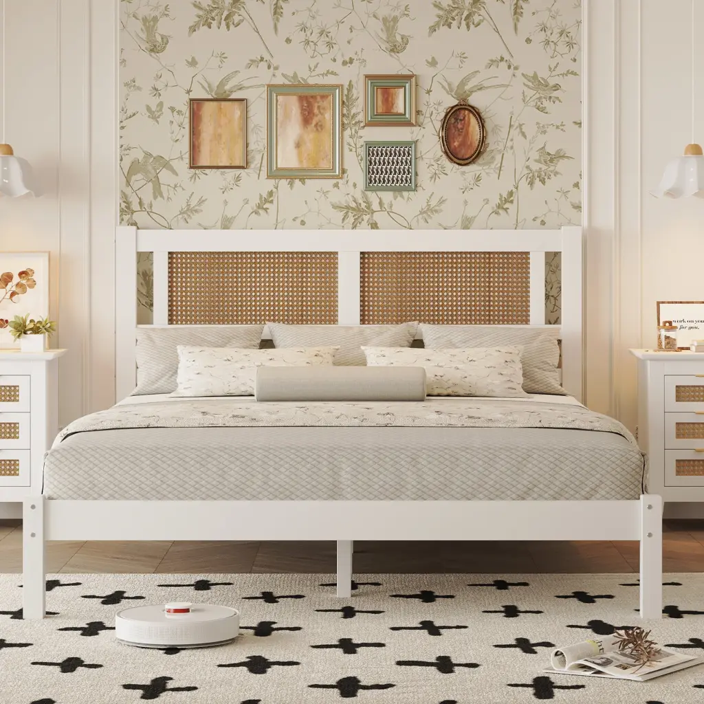 Queen Size Wood Platform Bed Natural Rattan Headboard homey life