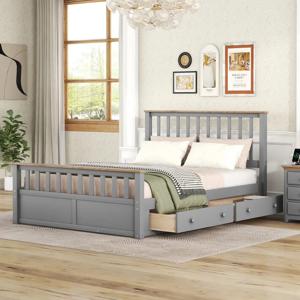 Queen Size Wood Platform Bed Two Drawers and Wooden Slats homey life