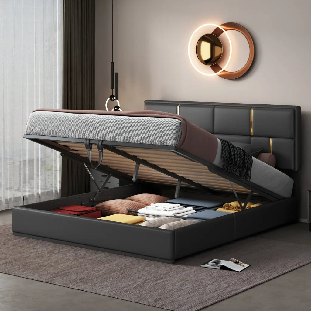 Queen Upholstered Platform Bed Hydraulic Storage System No Box Spring Needed homey life