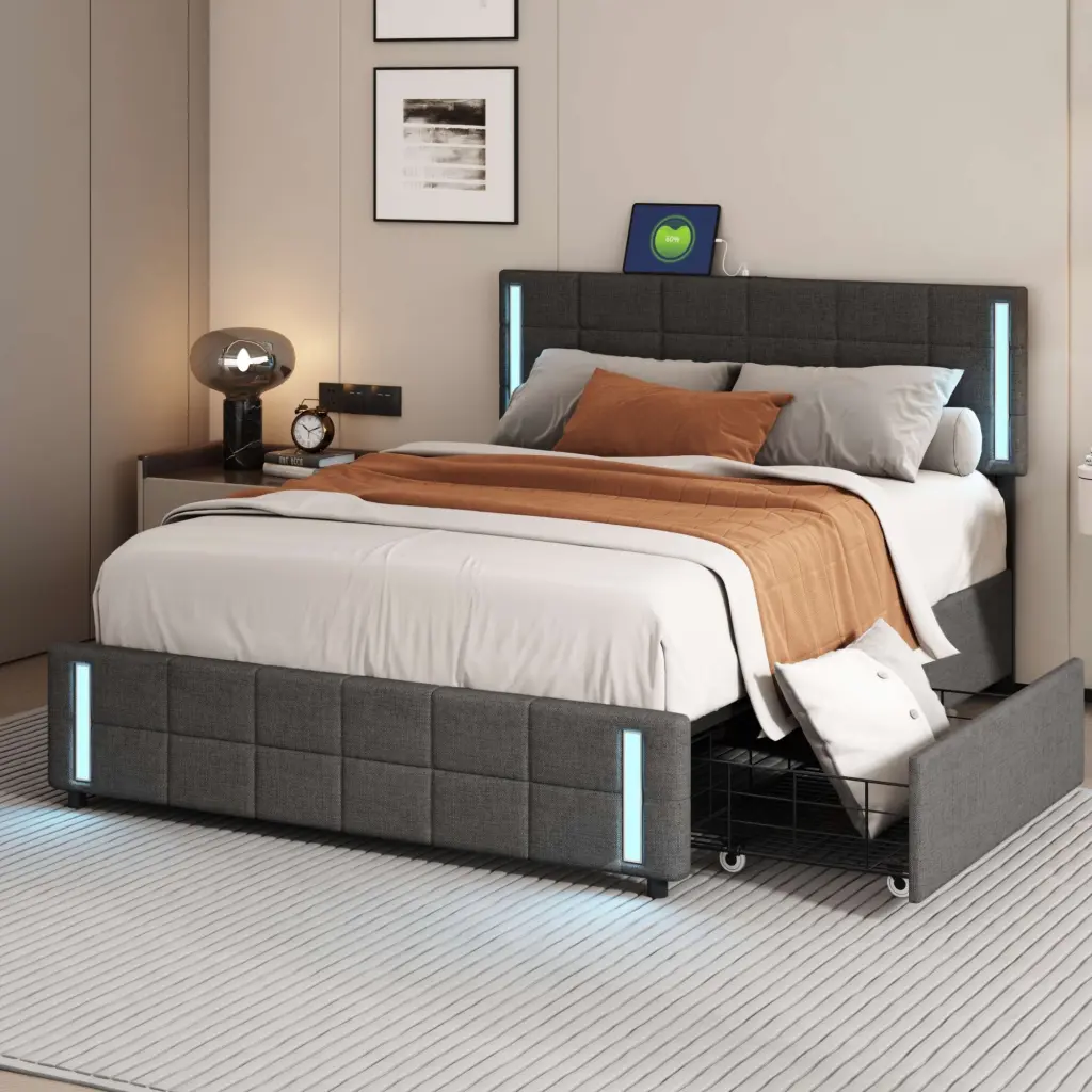 Queen Upholstered Platform Bed LED Lights and USB Charging homey life