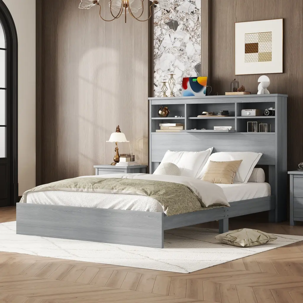Queen Vintage Platform Bed Storage Headboard And Charging Station homey life
