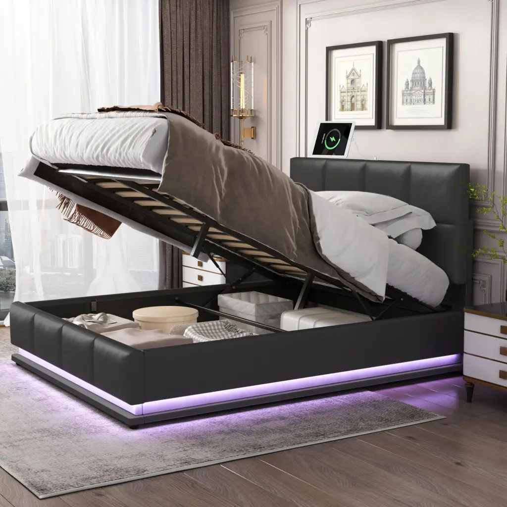 Tufted Upholstered Platform Bed Hydraulic Storage System Queen Size homey life