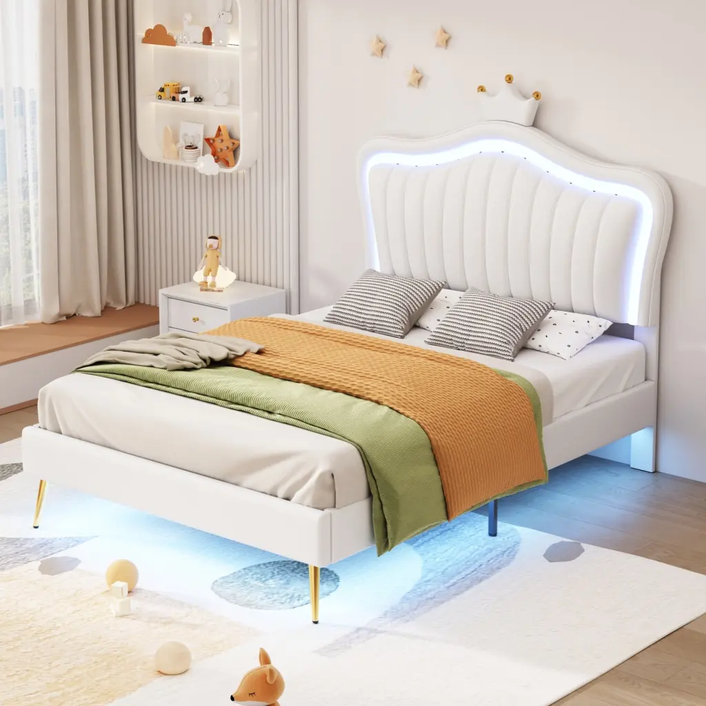 Twin Dimensions Upholstered Bed Frame LED Lights Modern Platform Bed homey life