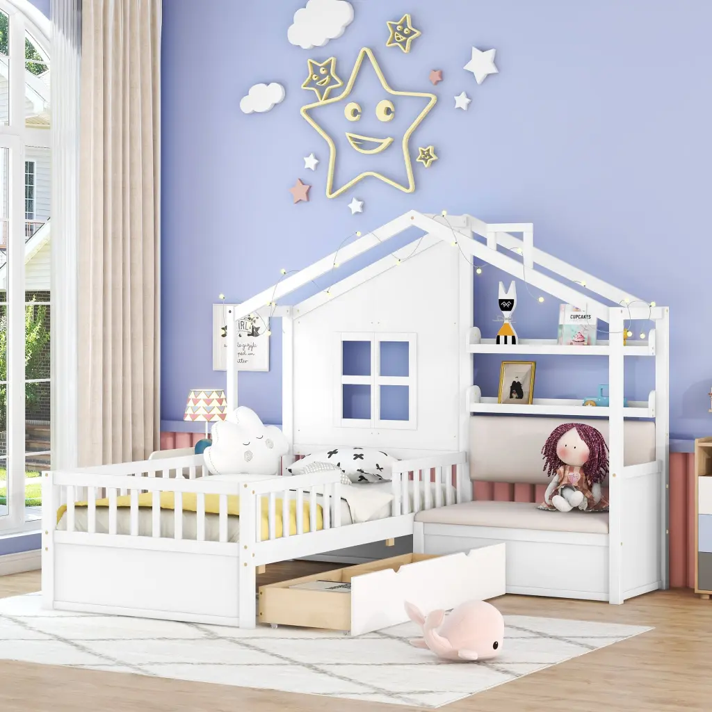 Twin Size Houtilize Bed Sofa Kids Platform Bed 2 Drawers homey life