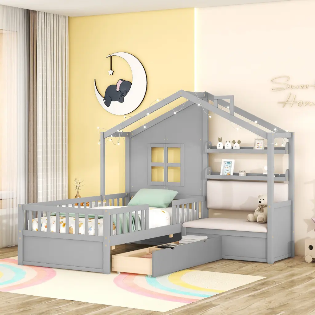 Twin Size Kids Platform Bed Sofa and Two Drawers homey life