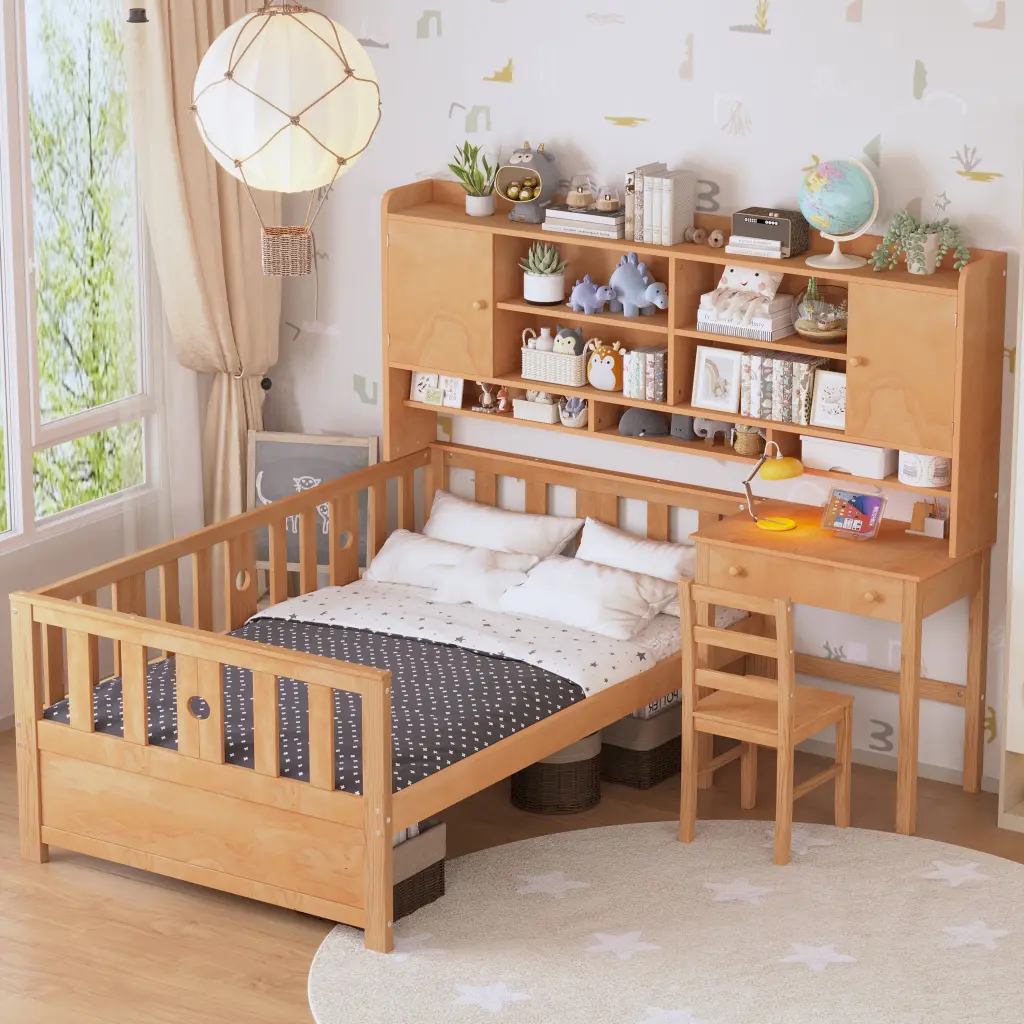 Twin Size Multifunctional Wood Platform Bed Bookshelf at Headboard homey life