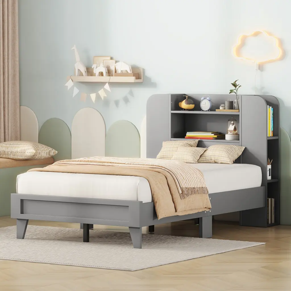 Twin Size Platform Bed Storage Headboard Multiple Storage Shelves homey life