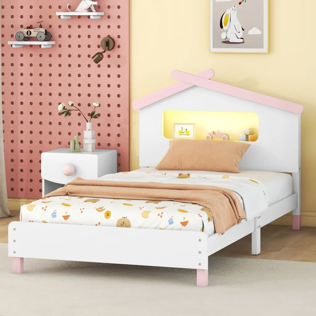 Twin Size Wood Platform Bed Motion Activated Headboard and Storage homey life