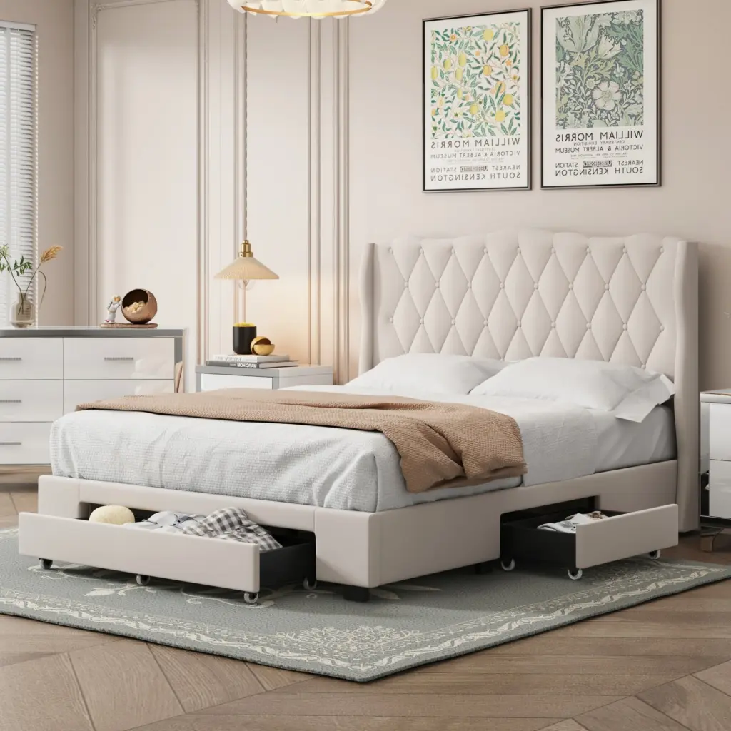 Upholstered Platform Bed Tufted Headboard and 3 Drawers No Box Spring homey life