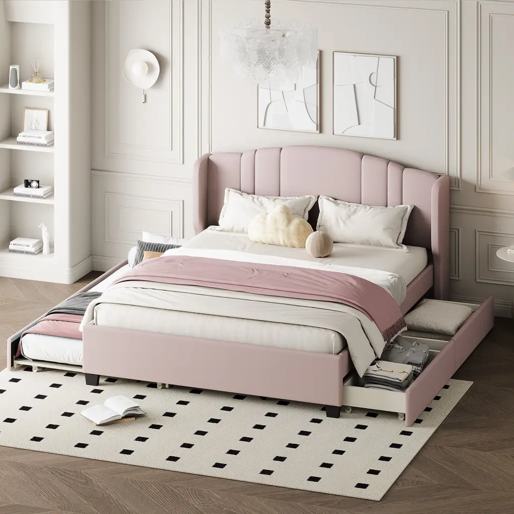 Upholstered Platform Bed Wingback Headboard Twin Trundle Bed homey life