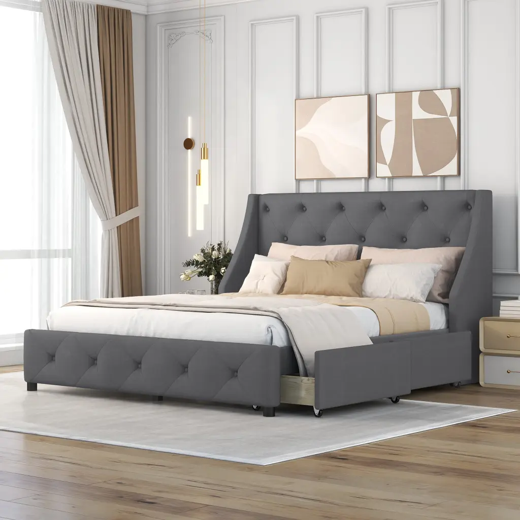 Upholstered Platform Bed Wingback Tufted Headboard and 4 Drawers homey life