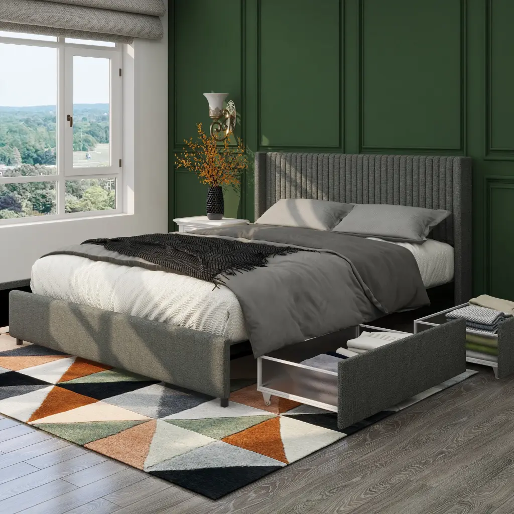 Anna Queen Size Gray Linen Upholstered Wingback Platform Bed house - home furniture