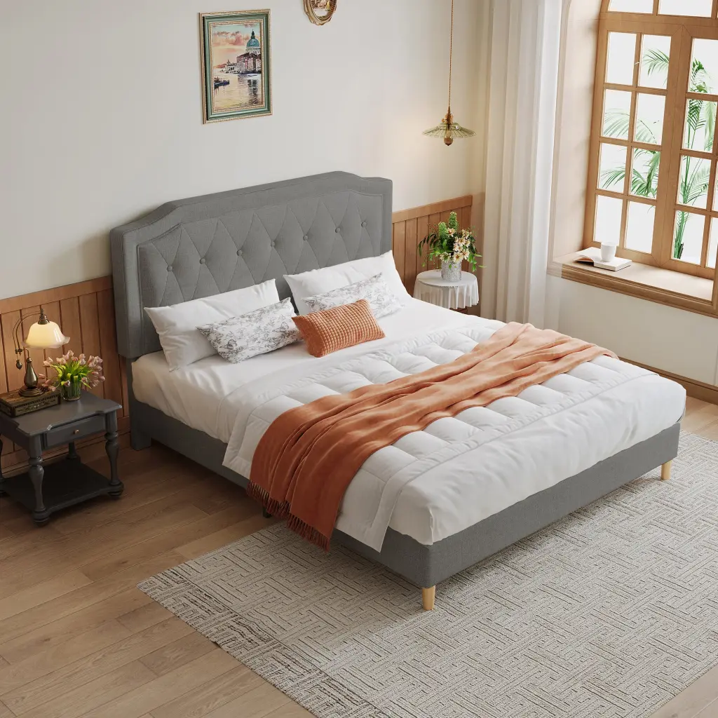 Queen Size Cotton Linen Fabric Mesh Mounted Bed Stable Easy Assembly hx-furniture