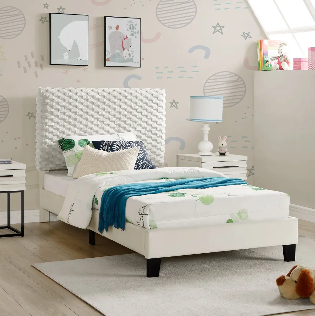 Findlay Plush 3D Upholstered Platform Bed White Dove Twin Box Spring hz