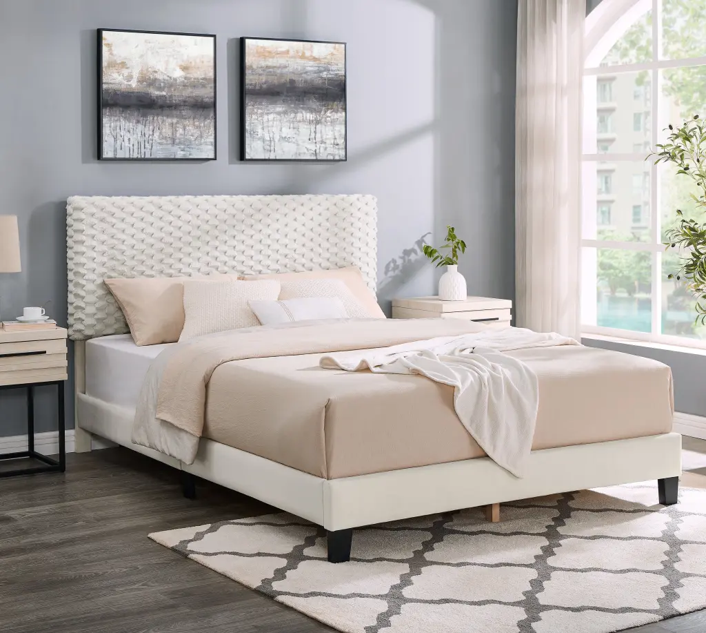 Findlay Plush 3D Upholstered Platform Bed White Dove Queen Box Spring hz