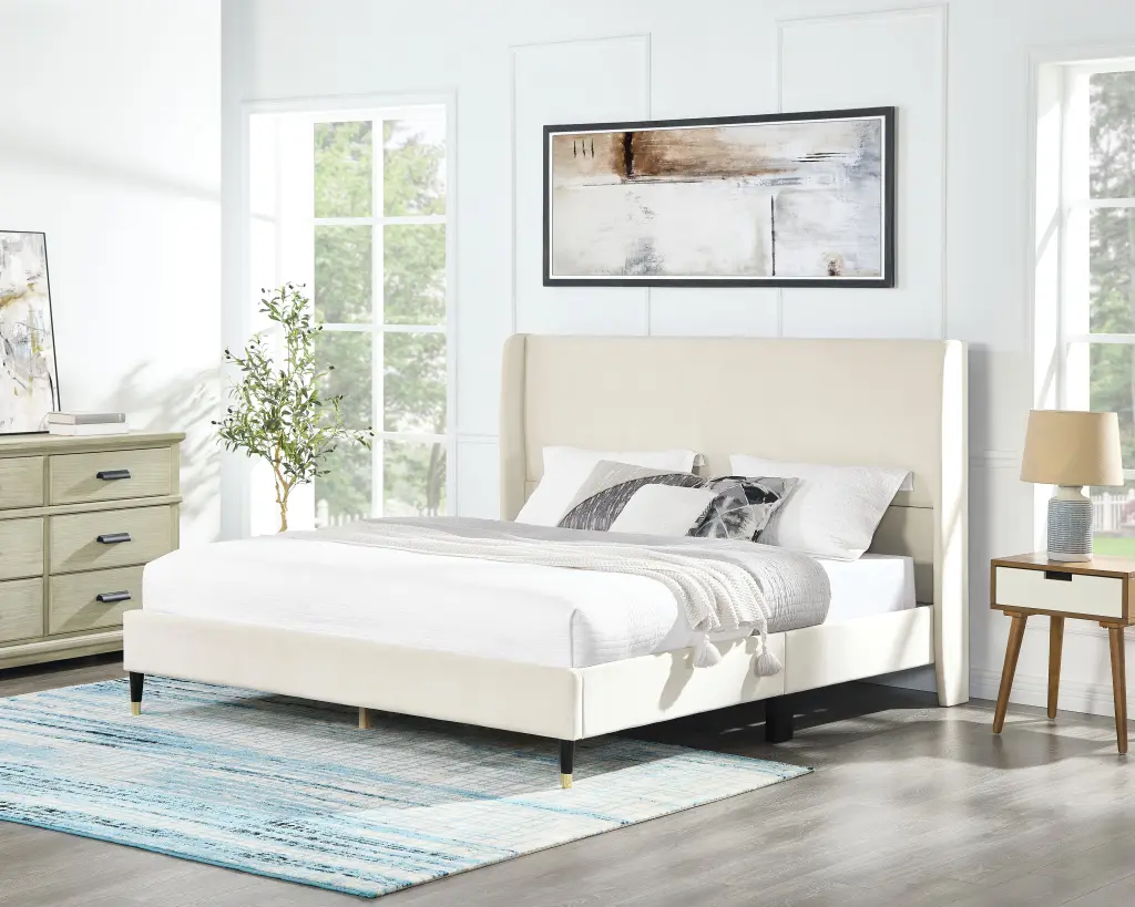 Rozitta Beige Velvet Wingsupport Platform Bed Queen Box Spring Not Required hz