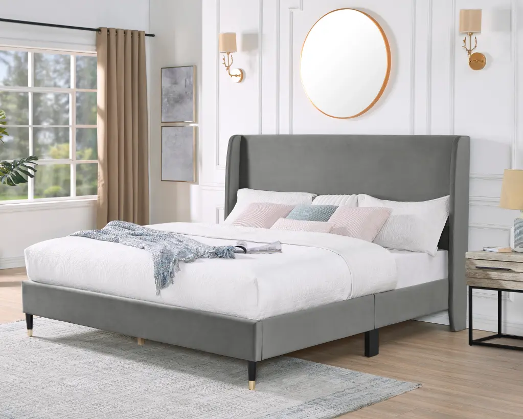 Rozitta Gray Velvet Wingback Platform Bed Queen Box Spring Not Required hz
