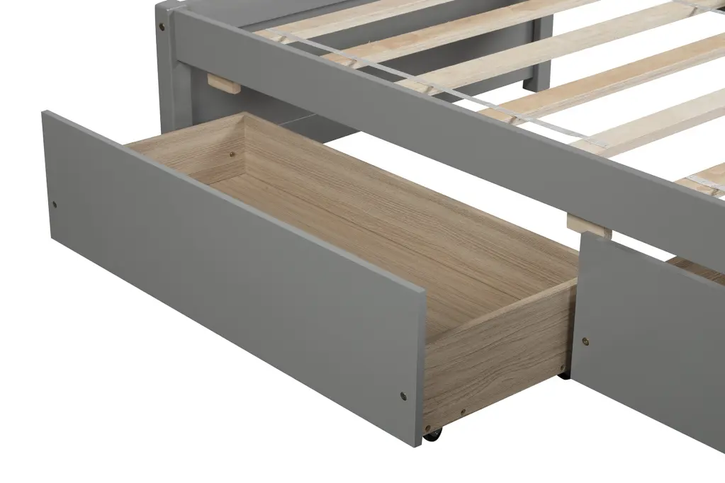 Twin Bed Frame 2 Drawers Solid Wood No Box Spring Needed Grey Finish inspirit