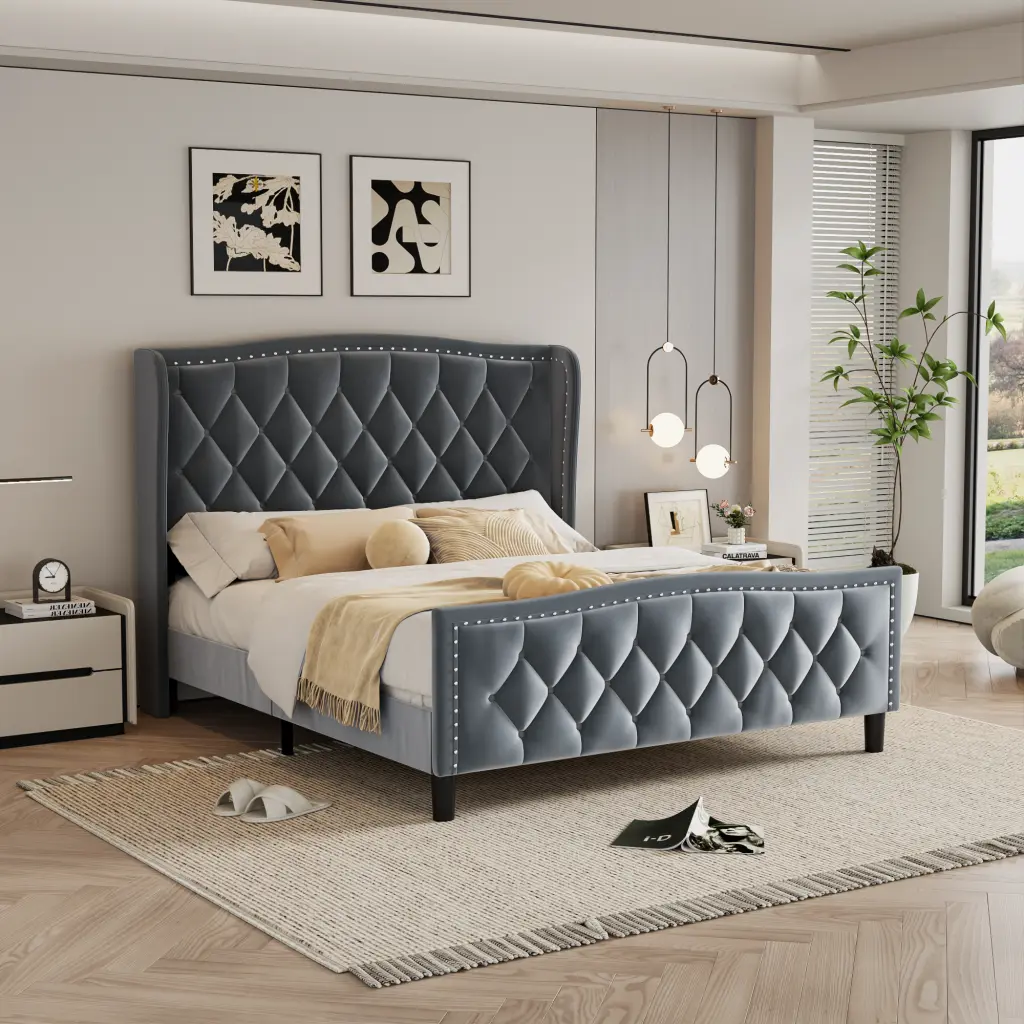 Full Size Bed Frame Modern Upholstered Platform Bed Wingsupport Headboard jada sports