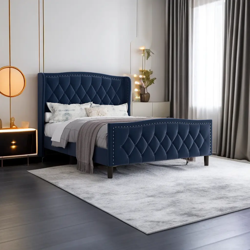 Queen Dimensions Bed Frame Modern Upholstered Platform Bed Wingback Headboard jada sports