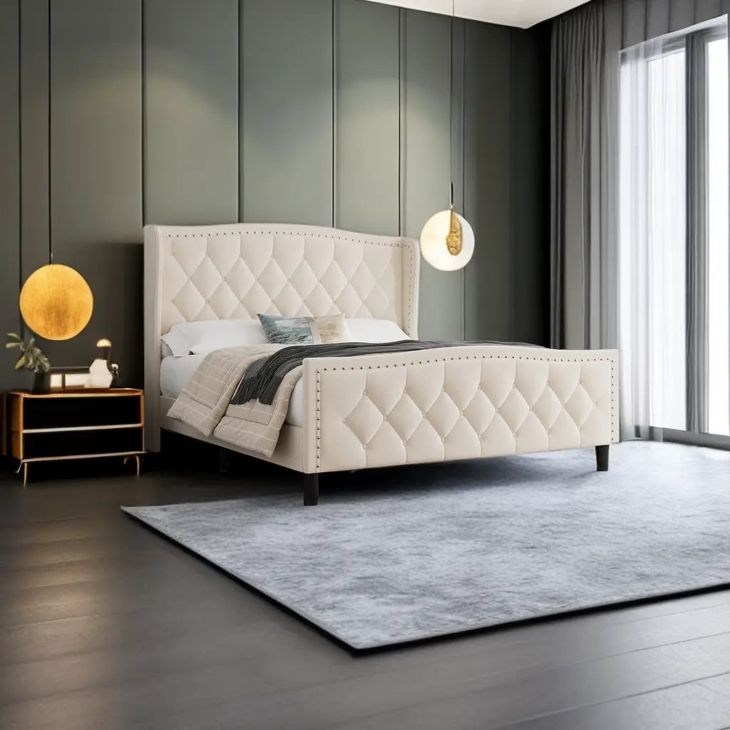 Queen Size Upholstered Platform Bed Frame Wingback Headboard jada sports