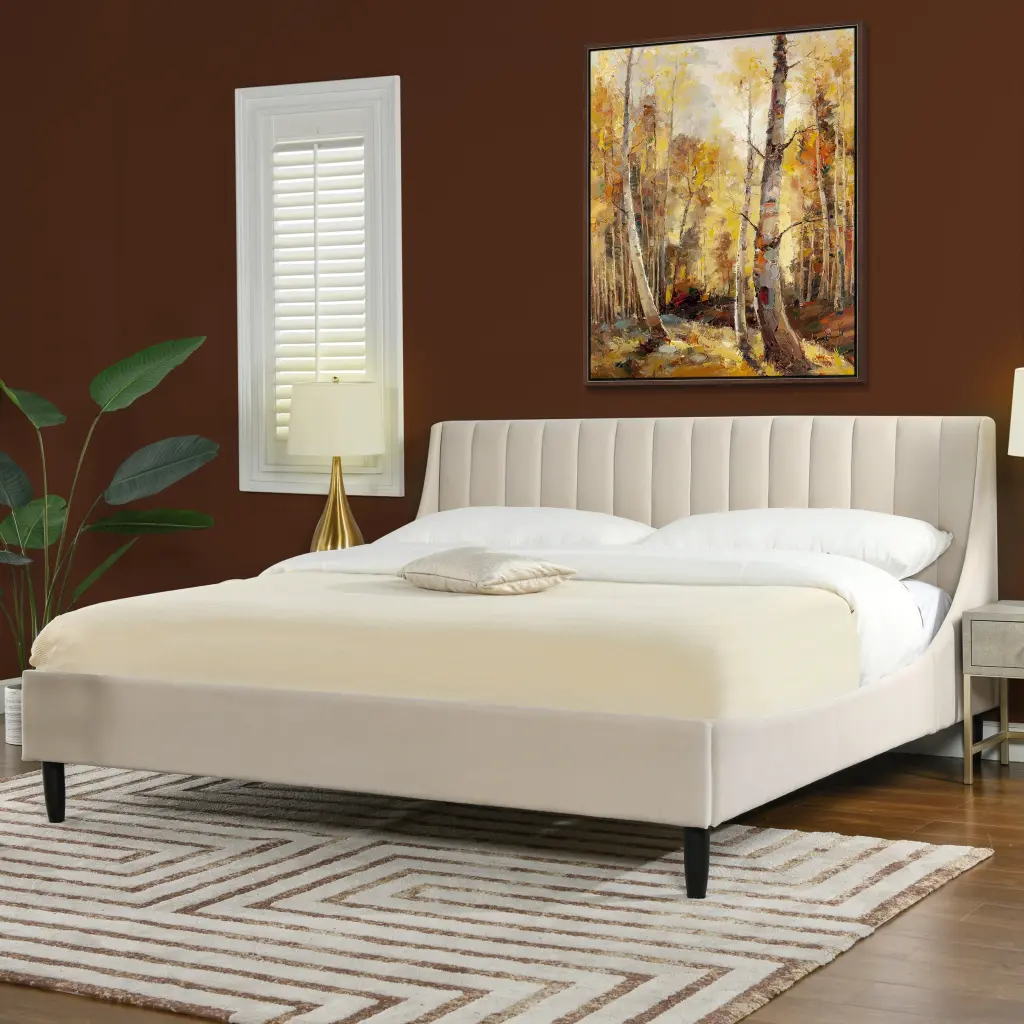 Aspen Vertical Tufted Headboard Platform Bed Set King Size French Beige jennifer taylor home
