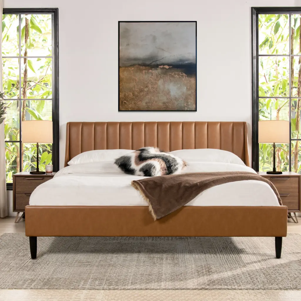 Aspen Vertical Tufted Headboard Platform Bed Set King Caramel Tan Upholstered jennifer taylor home